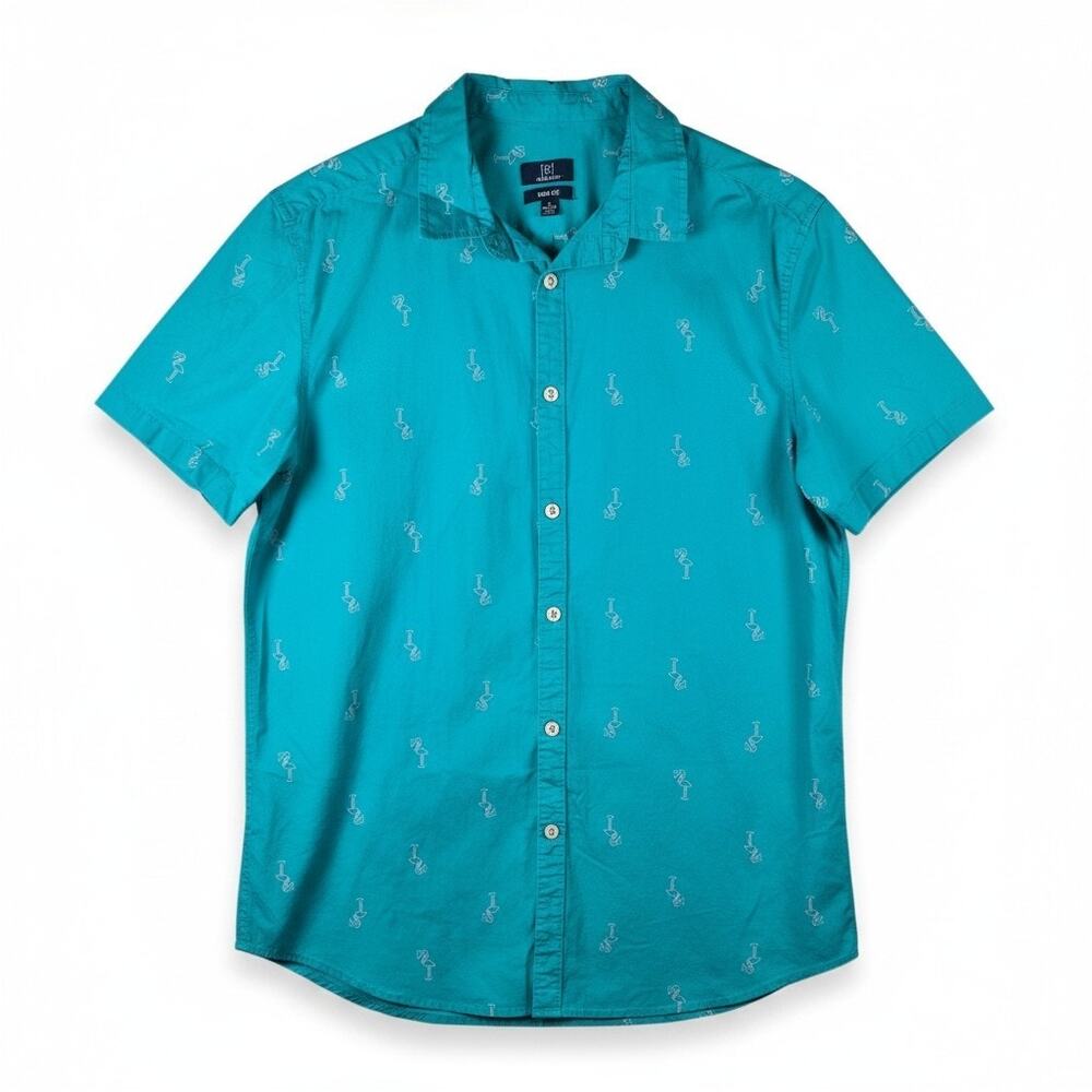 George Slim Fit Flamingo Hawaiian Short Sleeve Button Up Shirt Teal L Tropical
